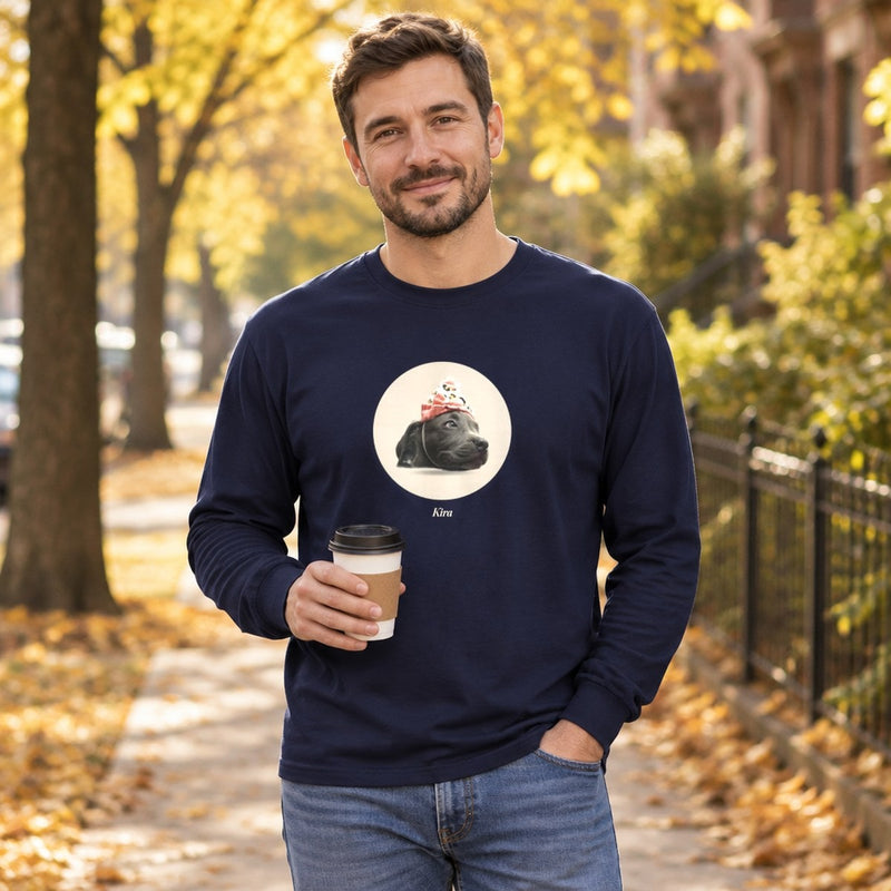 Lifestyle mockup: The Long Sleeve Tee worn on an autumn street, with our sample portrait