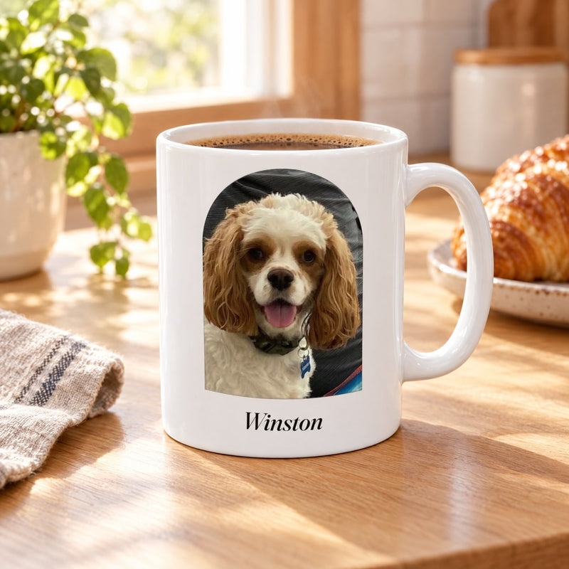 Lifestyle mockup: The Morning Mug in a kitchen, with our sample portrait