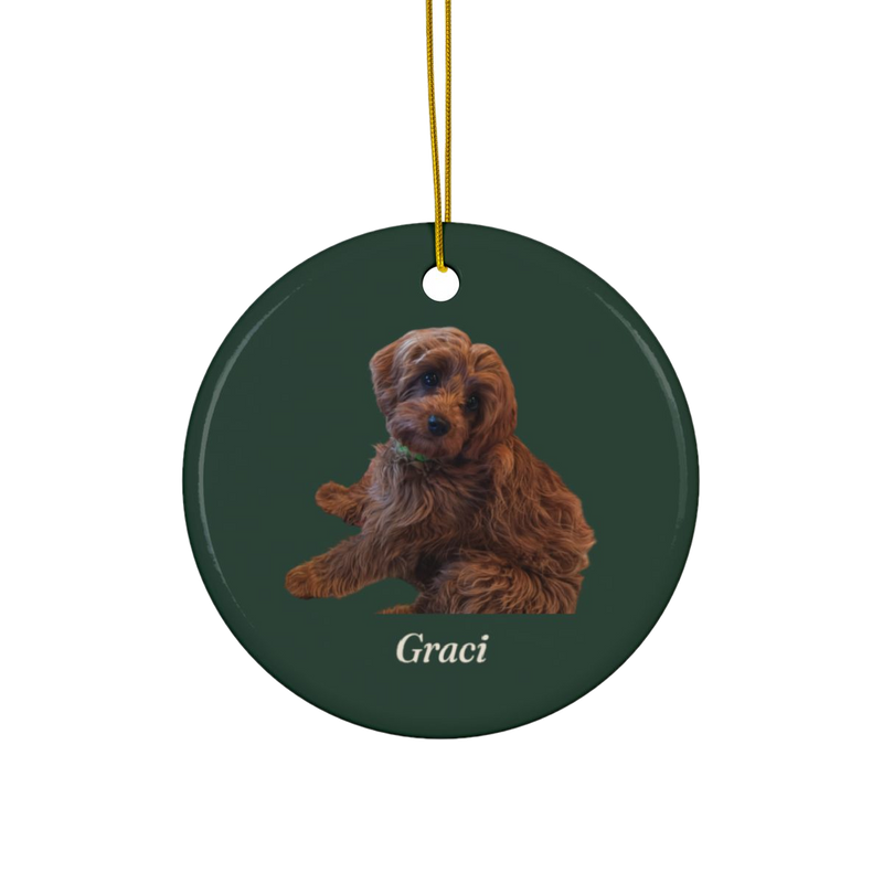 The Keepsake Ornament, custom pet portrait, Studio Green front