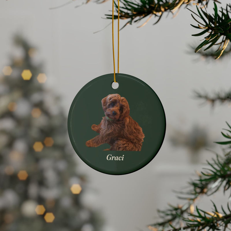 Lifestyle mockup: The Keepsake Ornament at home, with our sample portrait