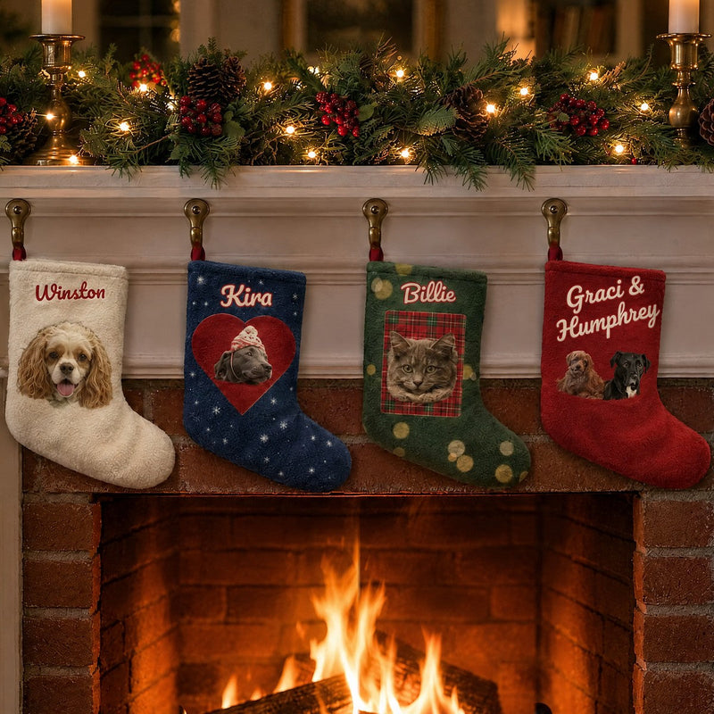 Lifestyle mockup: The Christmas Stocking hanging on a mantel, with our sample portrait