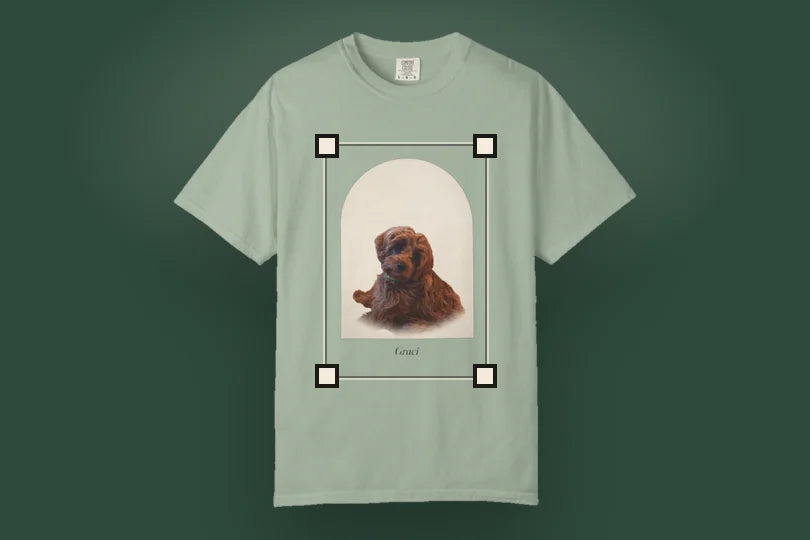 The Classic Tee in Stone with Graci printed in a Cream Paper arch, selected to drag and resize